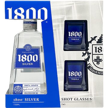 1800 Silver Tequila Gift Set with 2 Shot Glasses